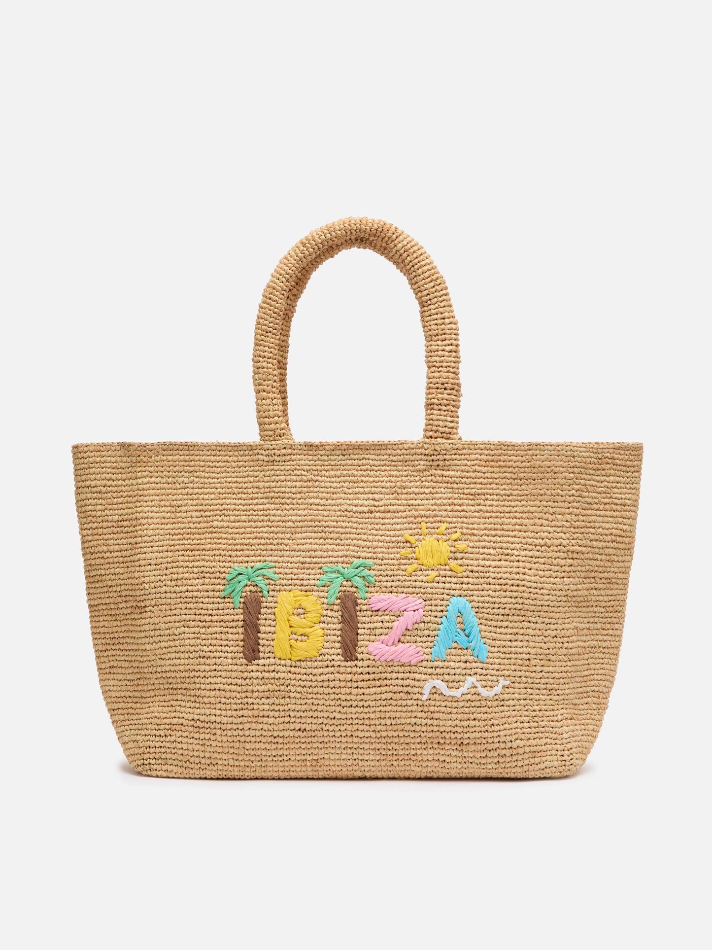 Rafia Beach Bag beige con pochette interna in cotone e ricamo Ibiza