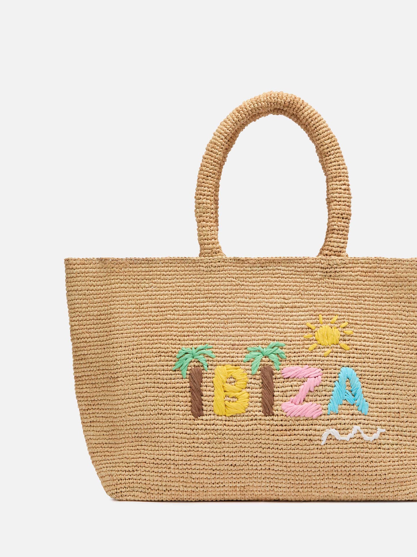 Rafia Beach Bag beige con pochette interna in cotone e ricamo Ibiza