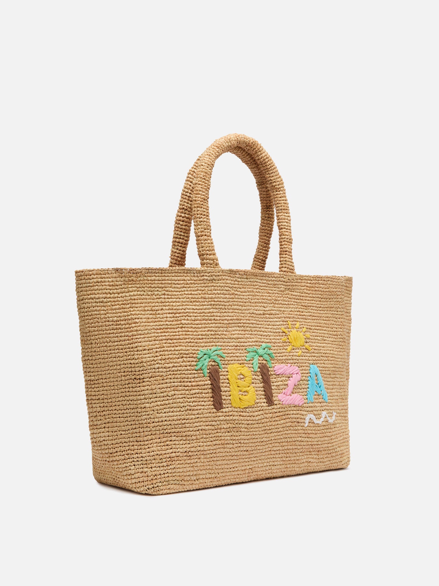 Rafia Beach Bag beige con pochette interna in cotone e ricamo Ibiza