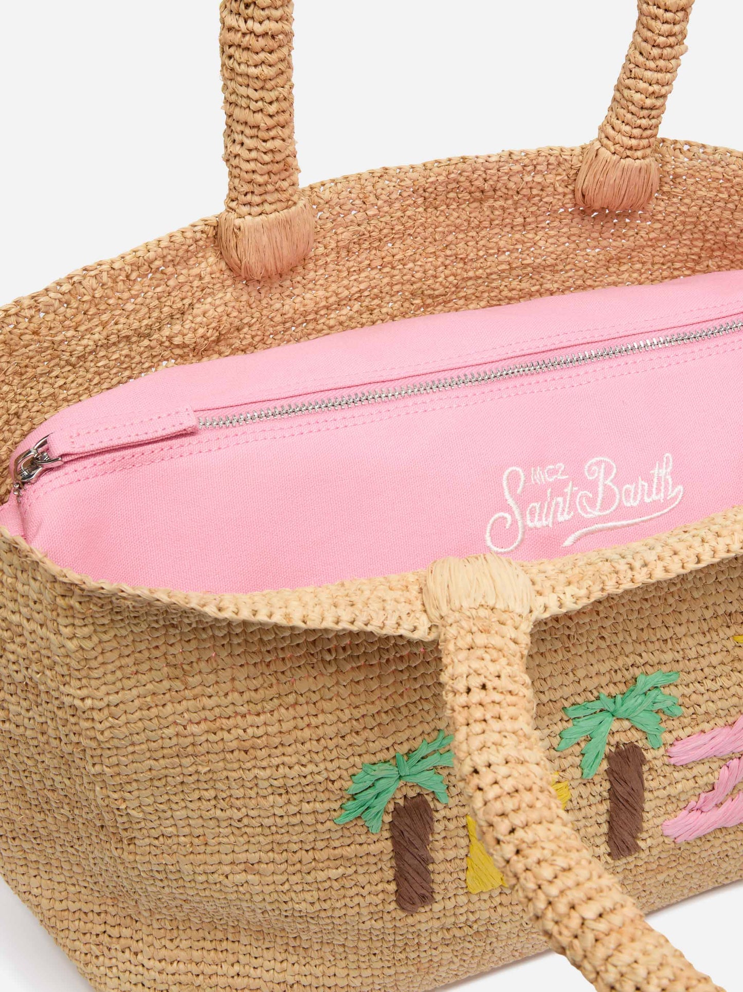 Rafia Beach Bag beige con pochette interna in cotone e ricamo Ibiza