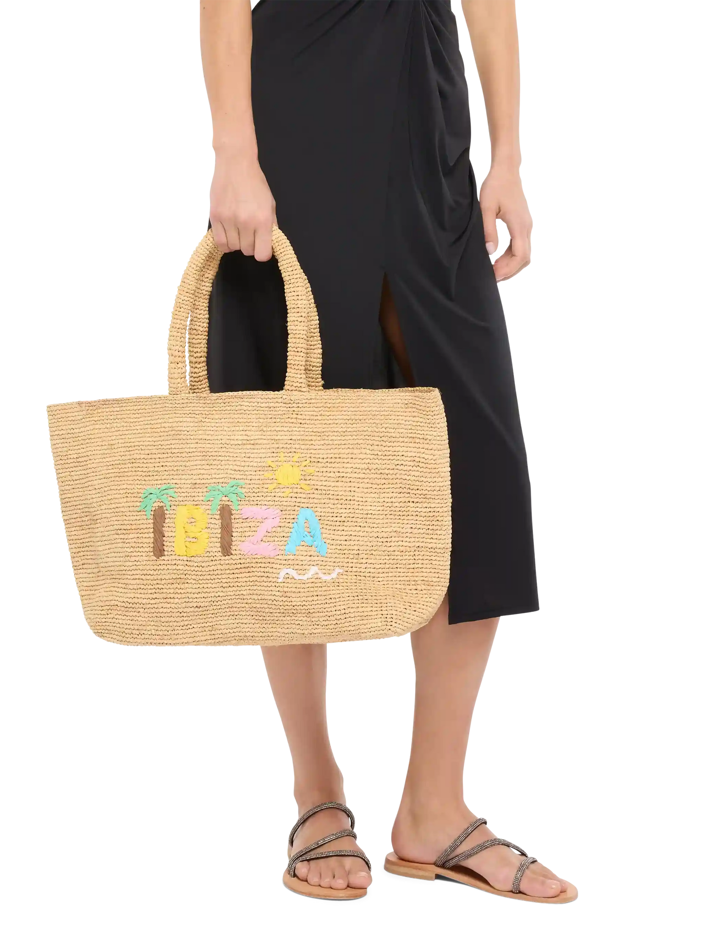 Rafia Beach Bag beige con pochette interna in cotone e ricamo Ibiza