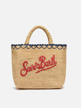 Beige Raffia Mid Beach Bag with cotton pouch and heart border