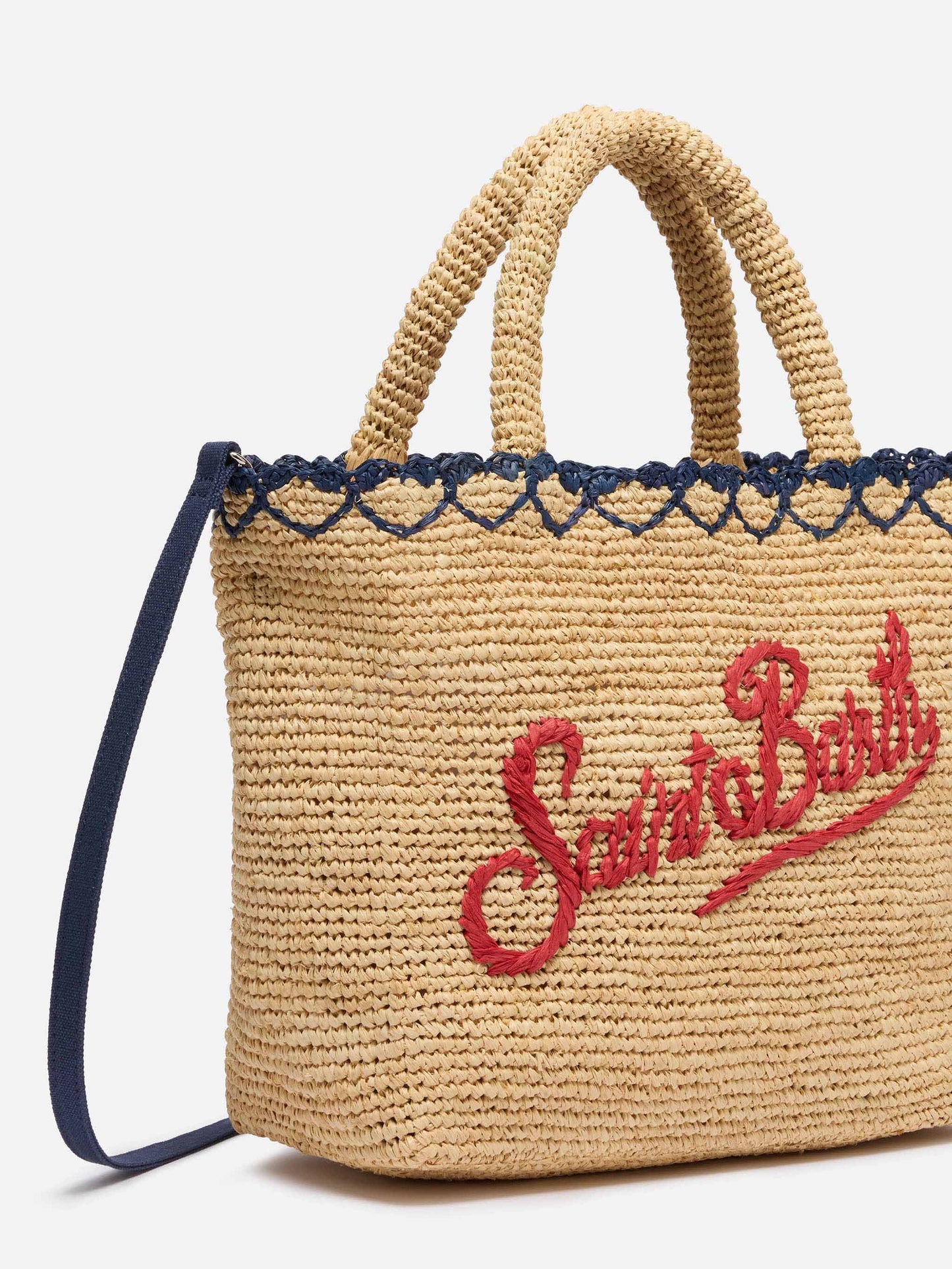 Beige Raffia Mid Beach Bag with cotton pouch and heart border