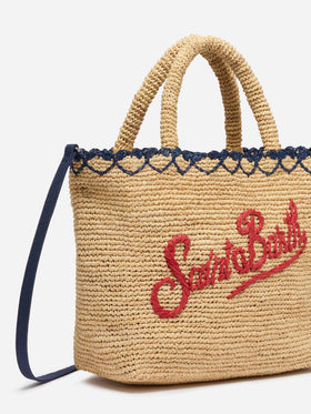 Beige Raffia Mid Beach Bag with cotton pouch and heart border