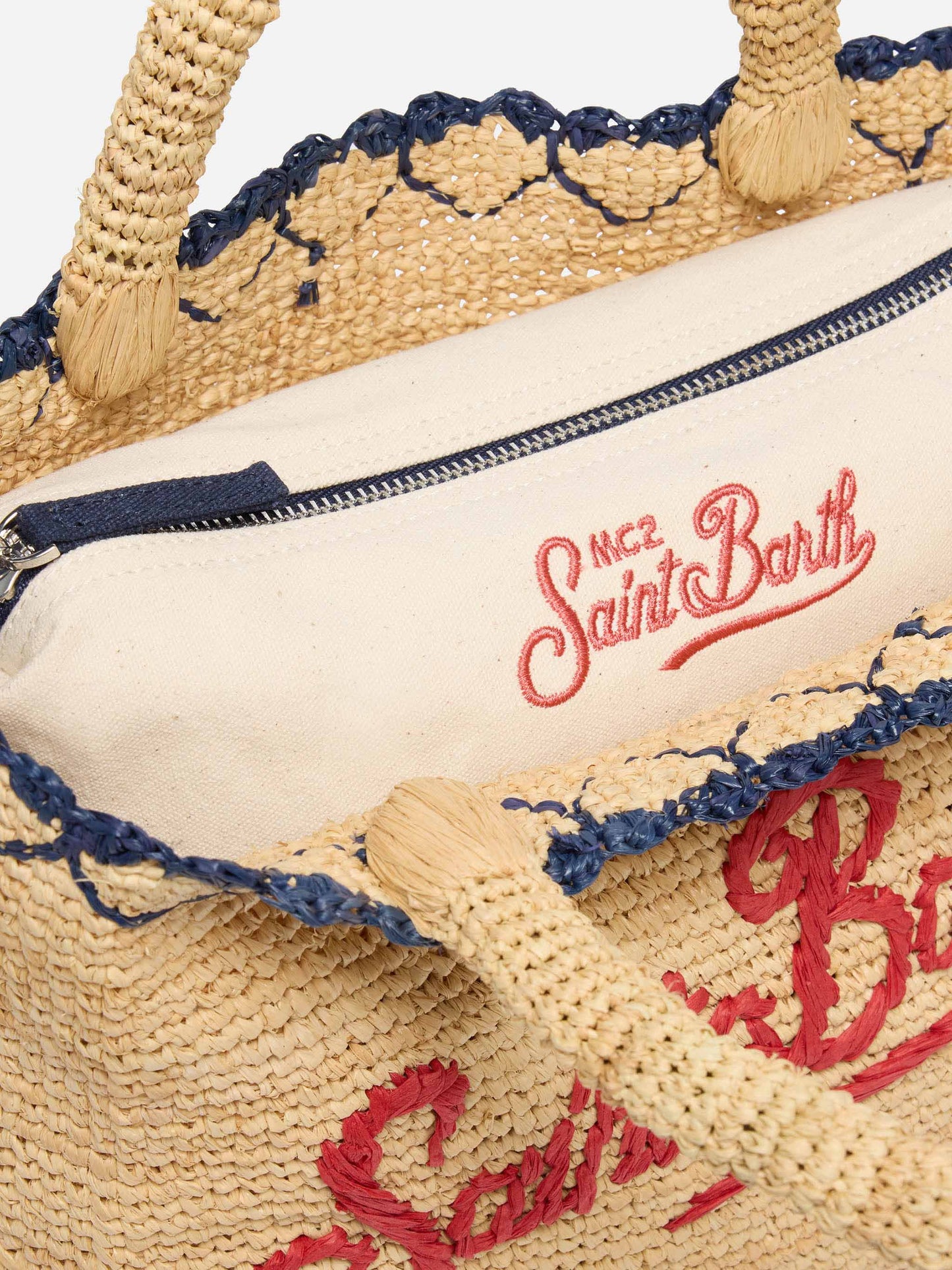 Beige Raffia Mid Beach Bag with cotton pouch and heart border