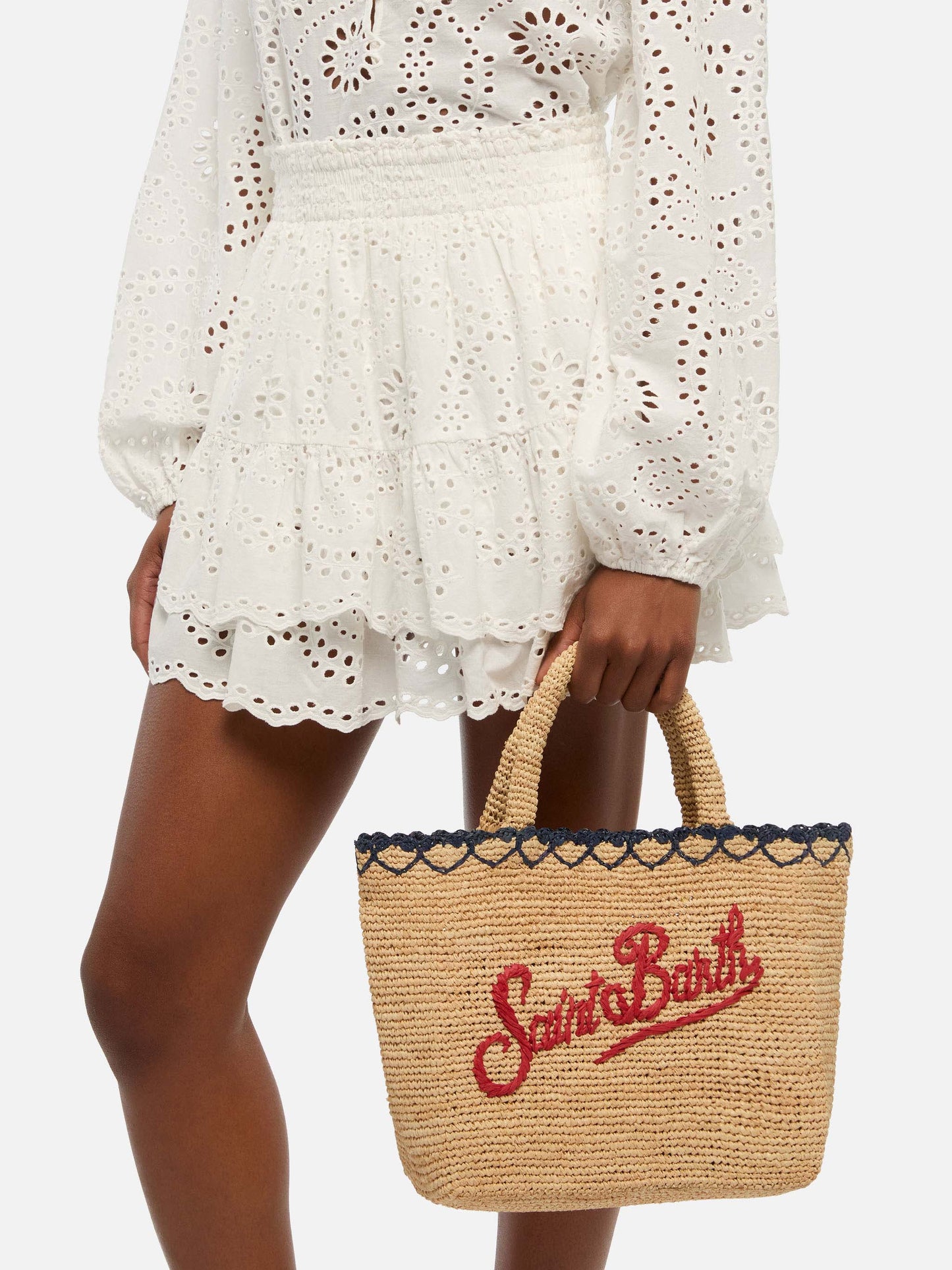 Beige Raffia Mid Beach Bag with cotton pouch and heart border