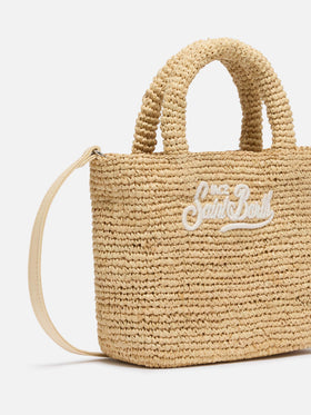 Beige Mini-Strandtasche aus Raffiabast mit Baumwollbeutel