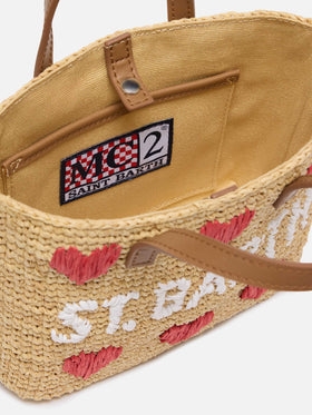 Beige Raffia City Mini-Tasche mit Herzstickerei