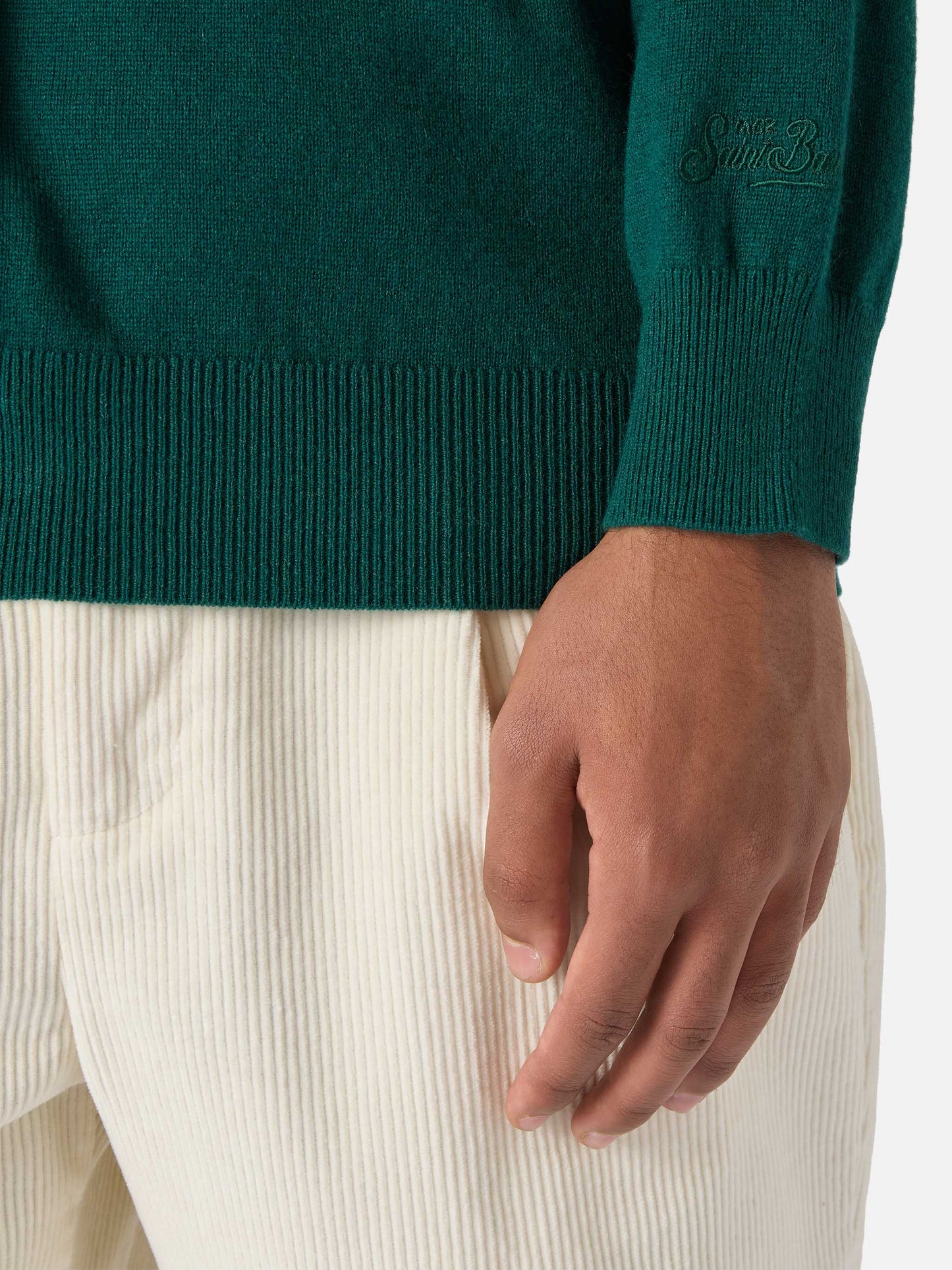 Regent sweater in British green merino wool and cashmere