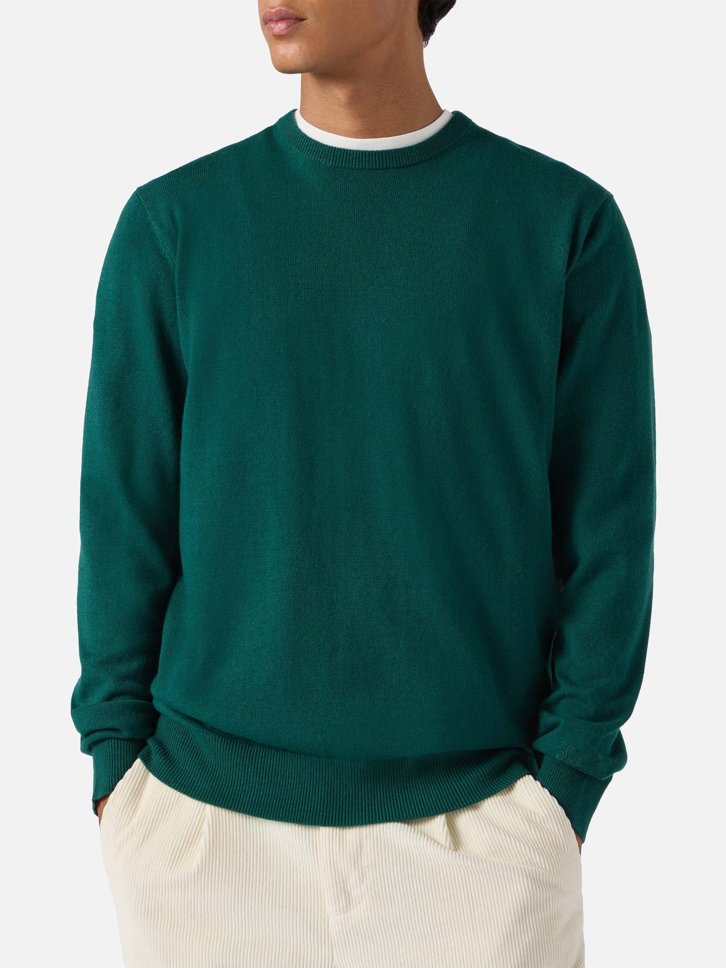 Regent sweater in British green merino wool and cashmere