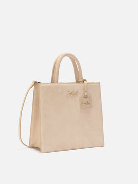 Shop Bag Midi Handbag in beige suede leather