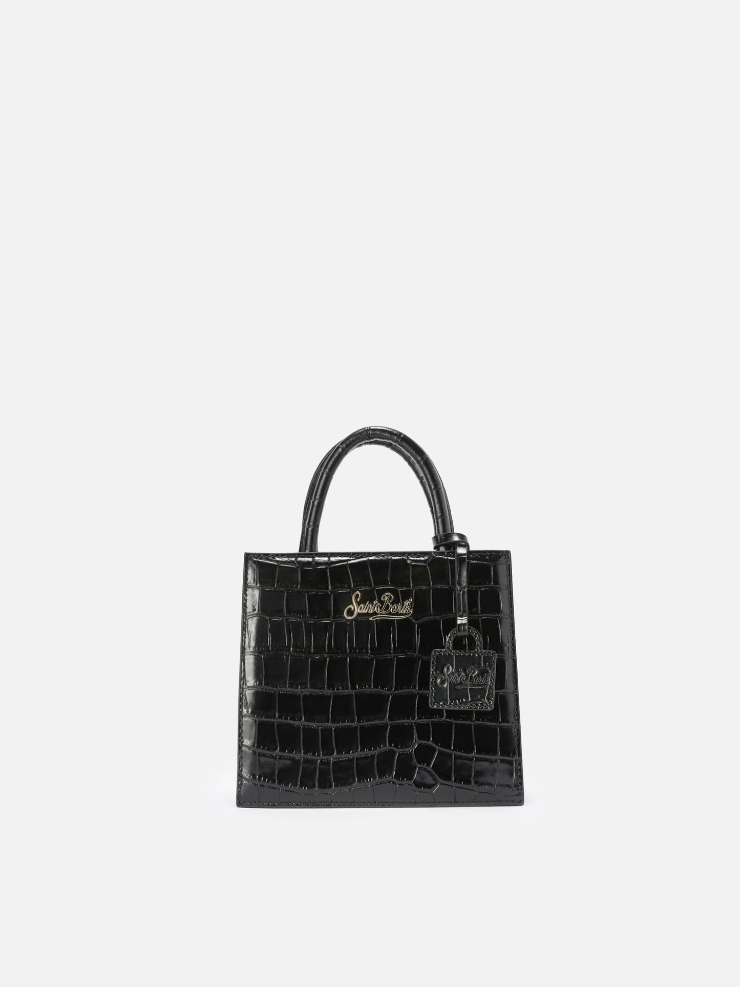 Shop Bag Mini Handbag in black crocodile-print leather
