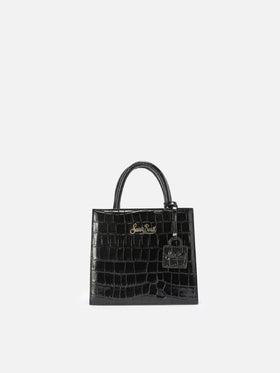 Shop Bag Mini Handbag in black crocodile-print leather