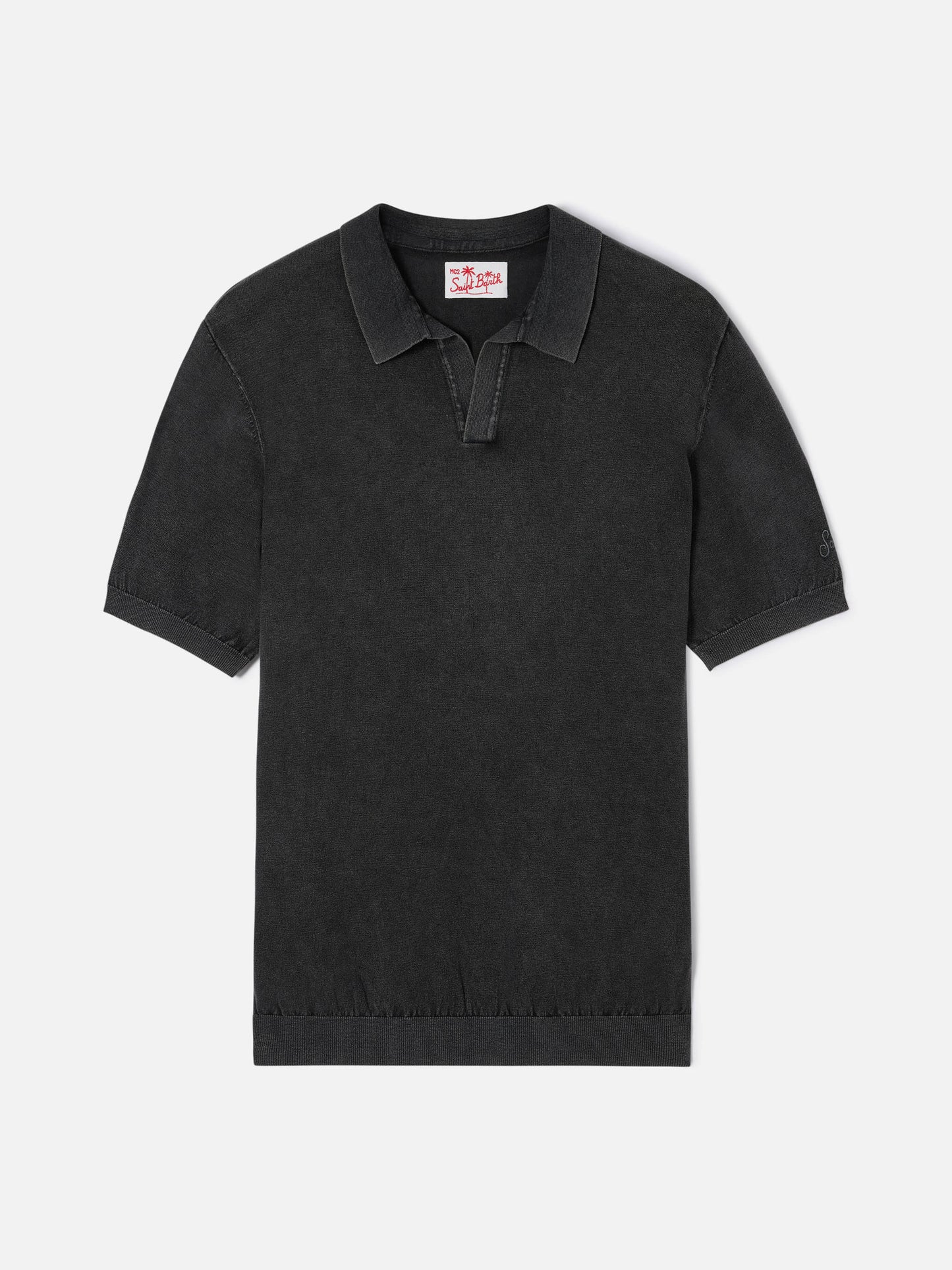 Polo Sloan in maglia nera senza bottoni con trattamento vintage