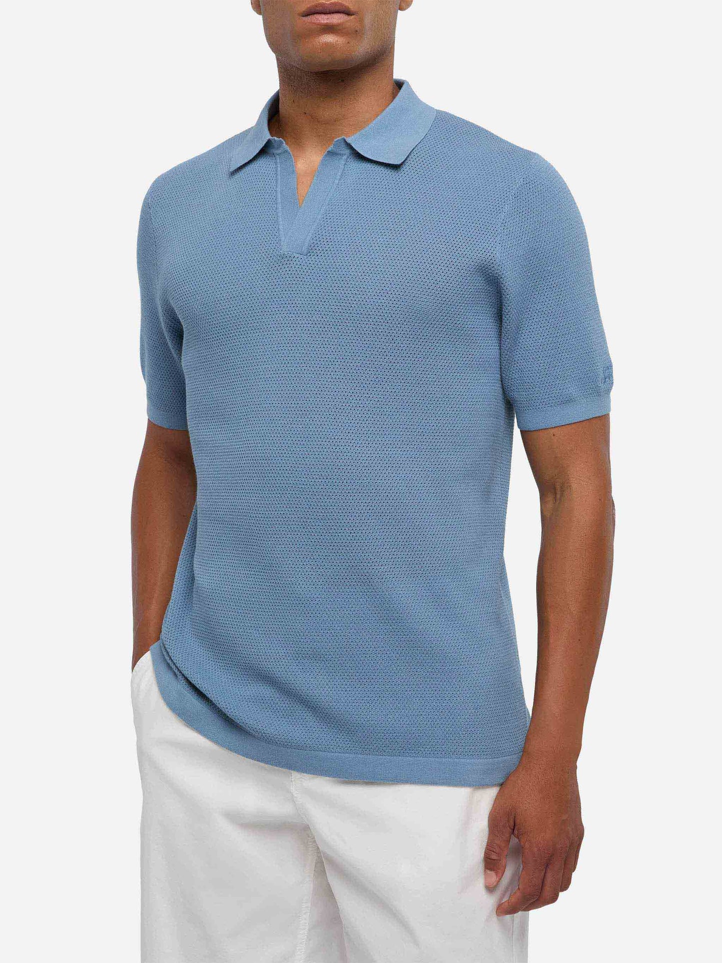 Sloan dusty blue mesh buttonless knitted polo shirt