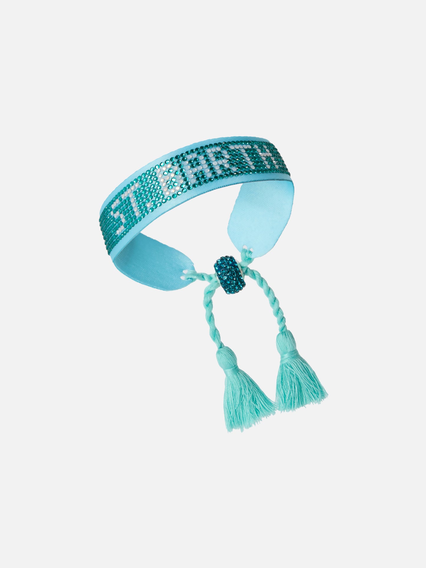 Hellblaues Stoffarmband mit St. Barth Perlen-Schriftzug