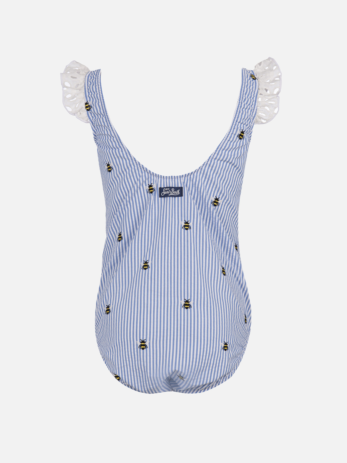 Girl seersucker cotton one piece swimsuit Tilda with ruffled straps - MC2 Saint Barth