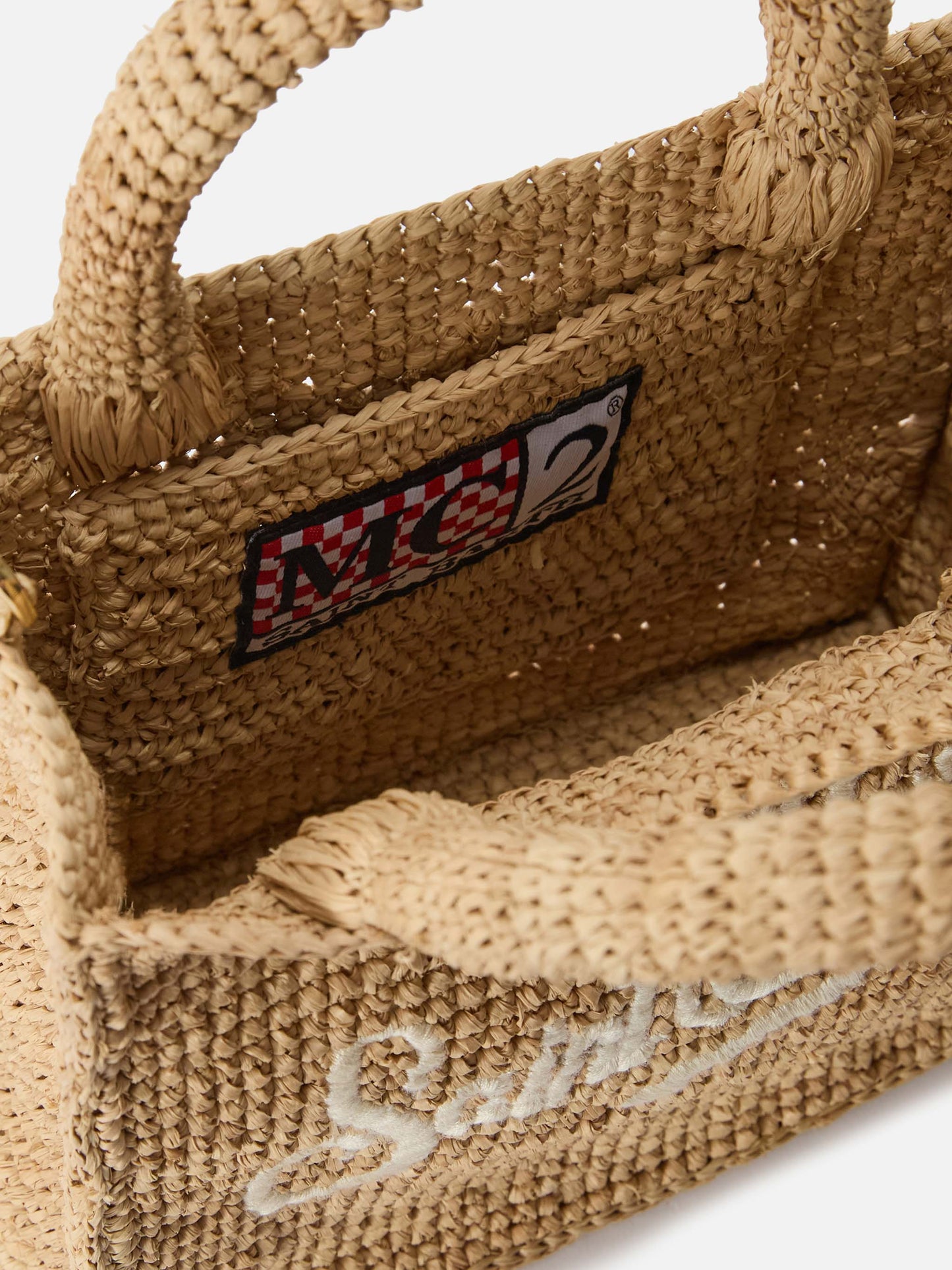 Vanity Mini-Tasche aus Raffia mit gesticktem Logo