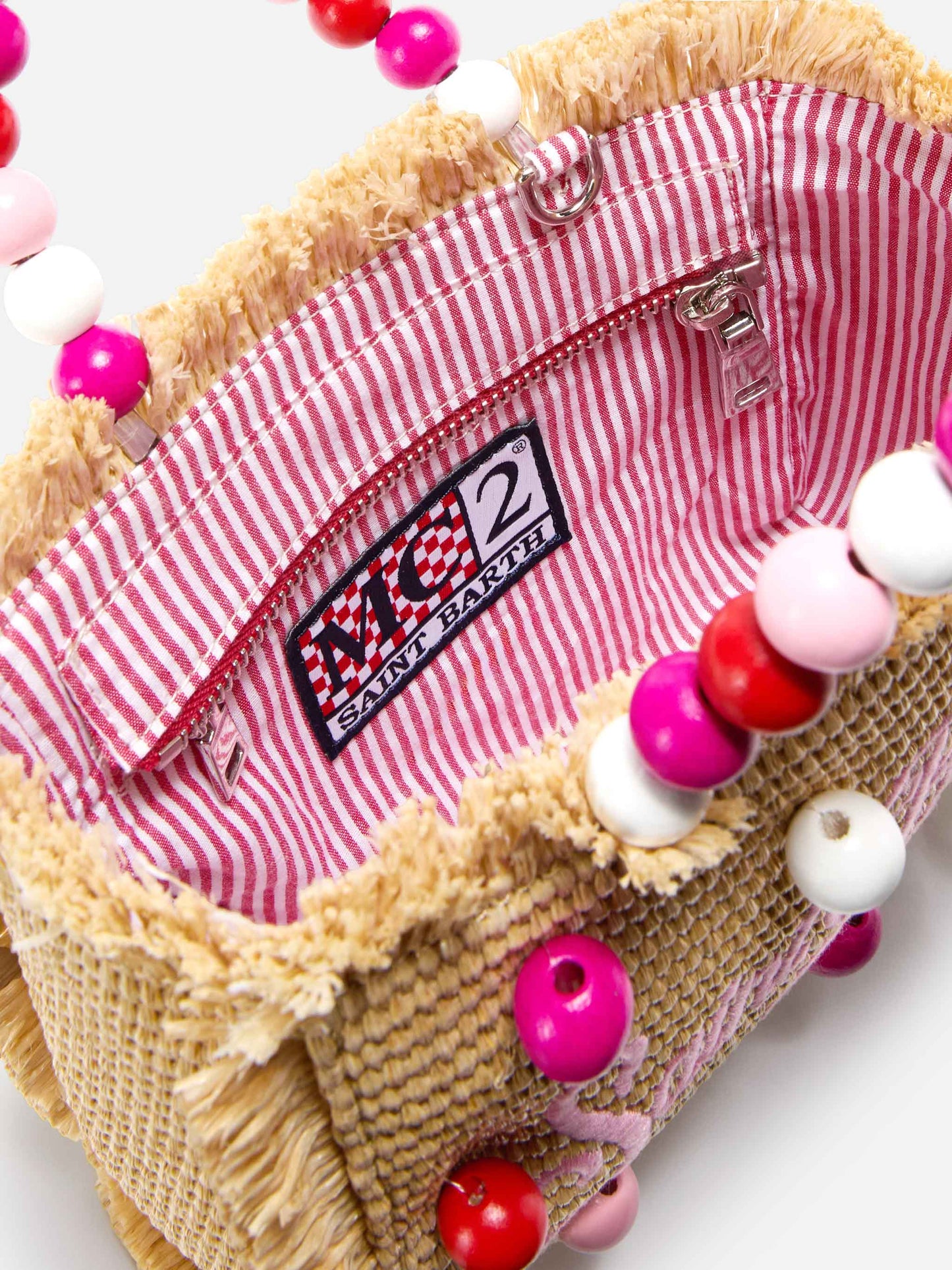 Vanity mini straw effect bag with beaded handle