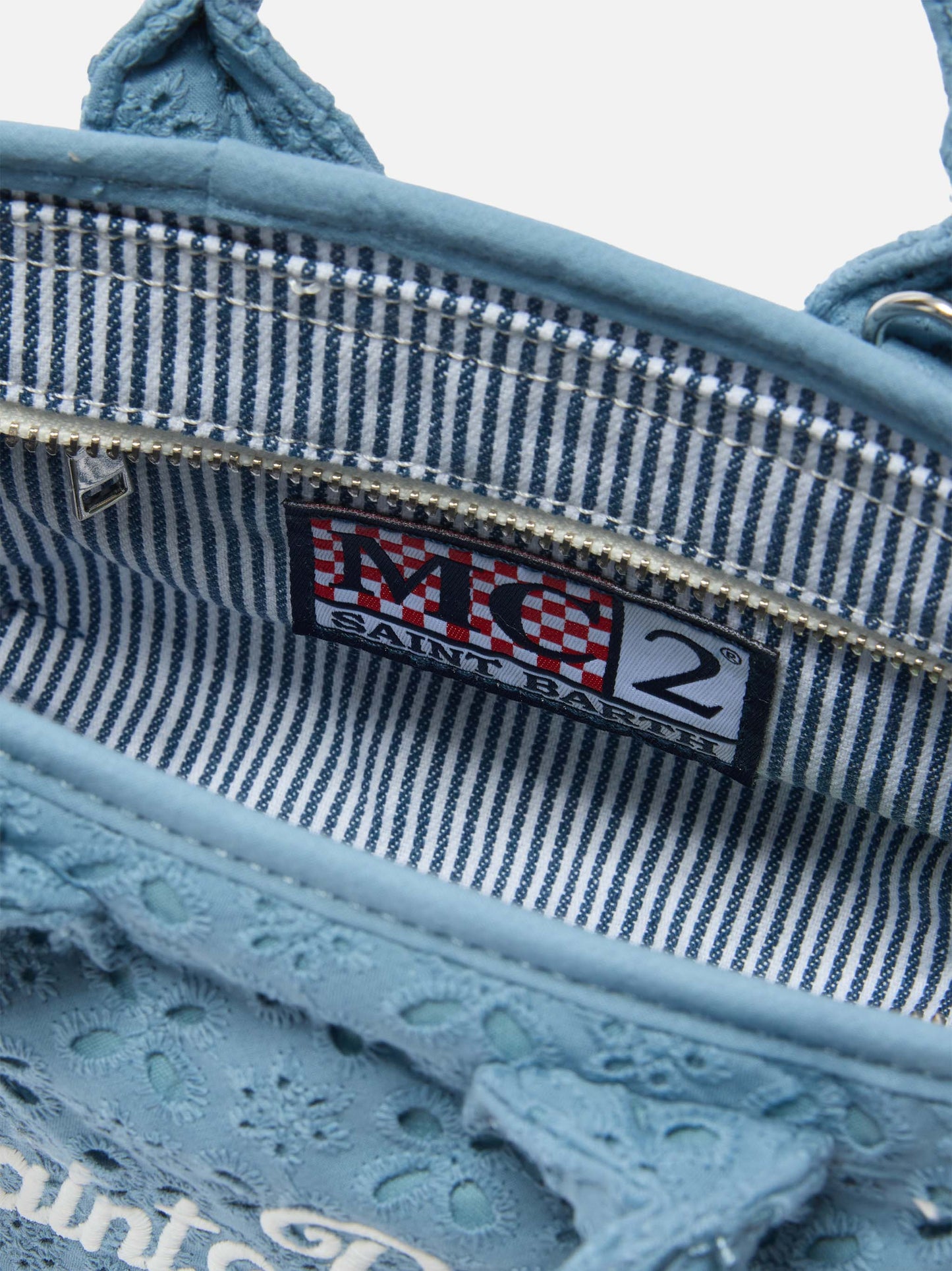 Hellblaue Vanity Mini-Volant-Tasche aus Baumwolle mit Broderie Anglaise