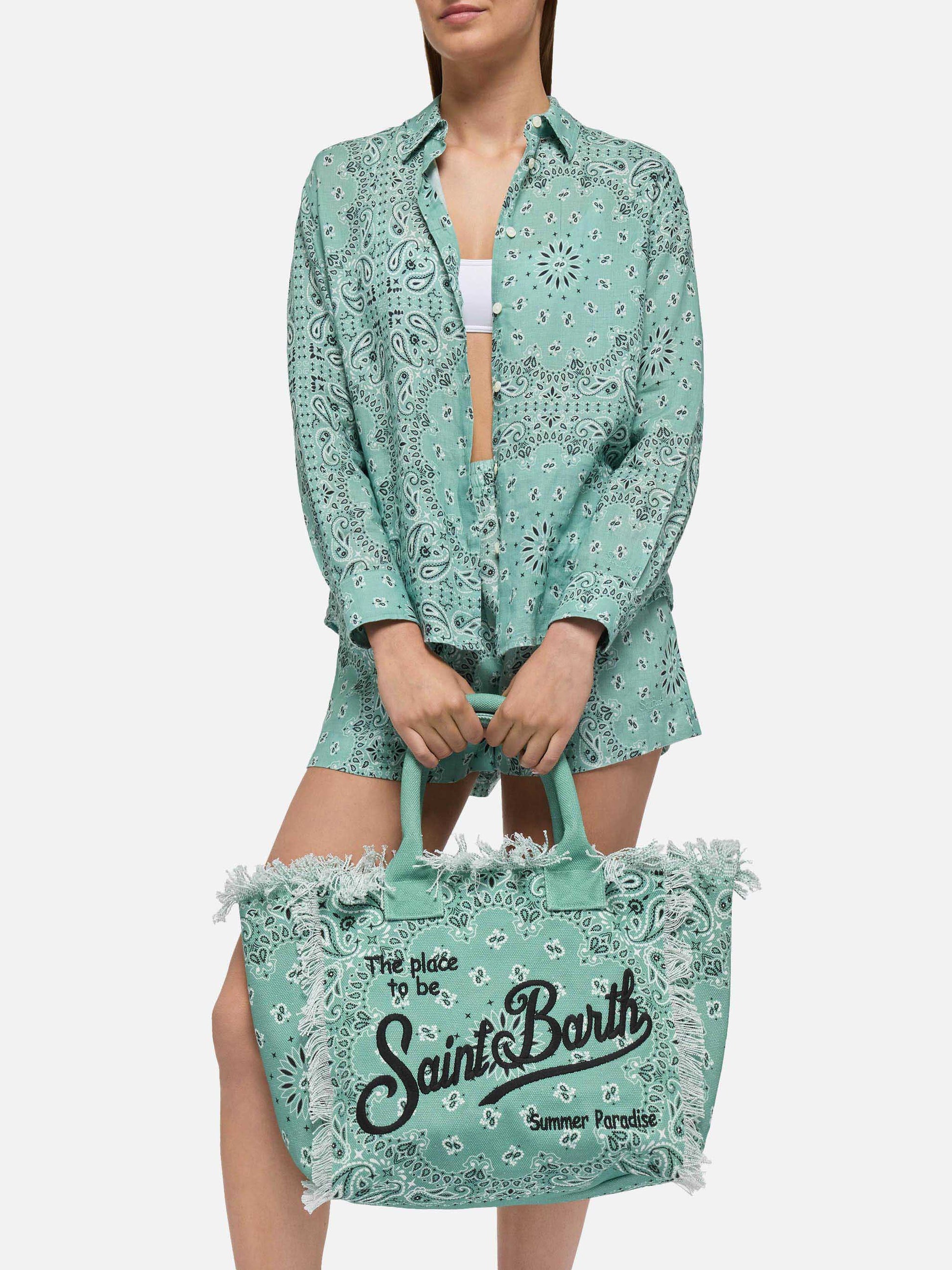 Sage green cotton canvas Vanity tote bag with badanna print - MC2 Saint Barth