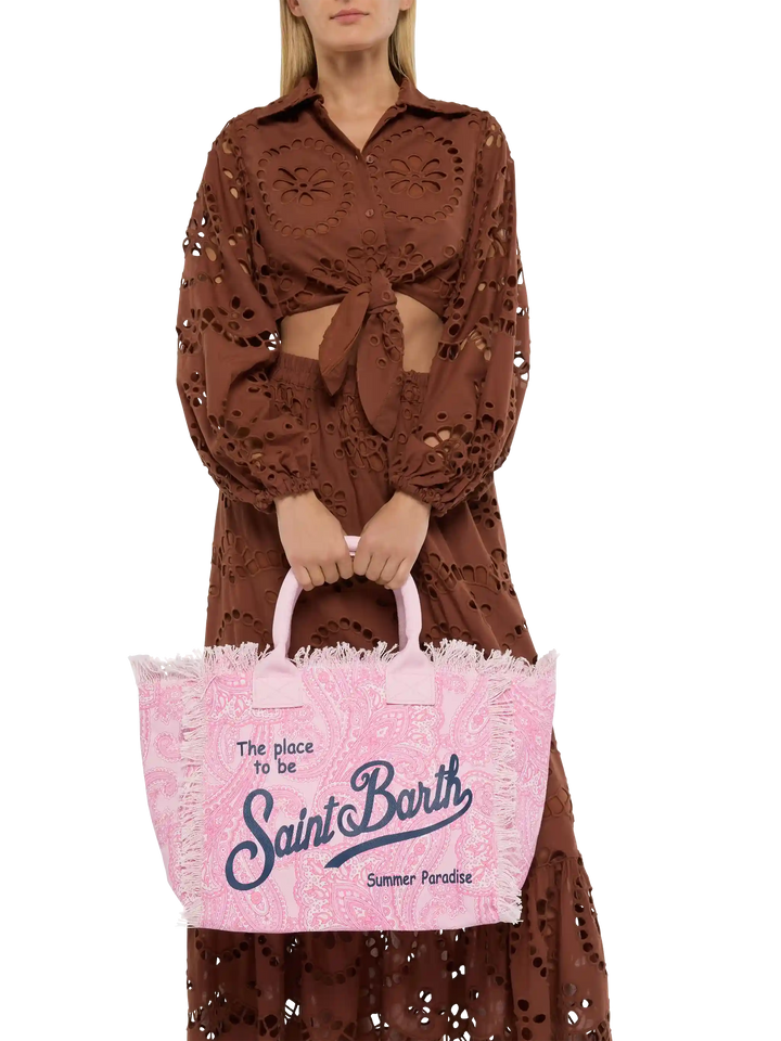 Pink cotton canvas Vanity tote bag with paisley print - MC2 Saint Barth