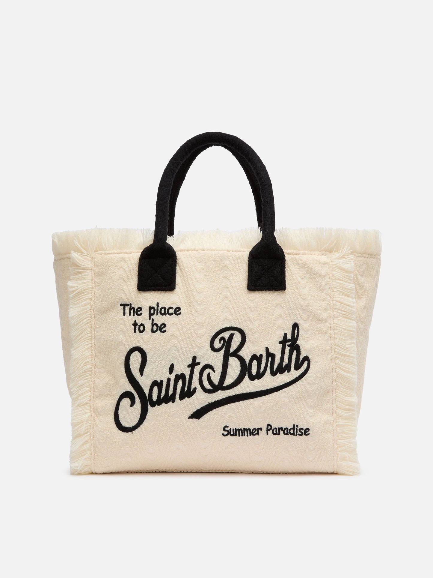 Cremefarbene Einkaufstasche „Vanity Sponge“ aus Frottee mit Prägung und schwarzen Details