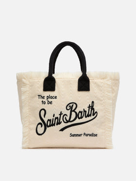 Cremefarbene Einkaufstasche „Vanity Sponge“ aus Frottee mit Prägung und schwarzen Details