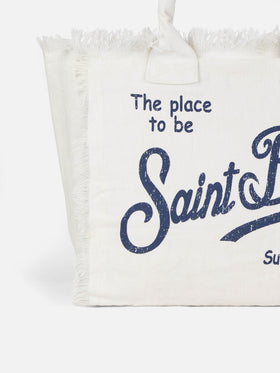 Vanity Schultertasche aus cremeweißem Leinen