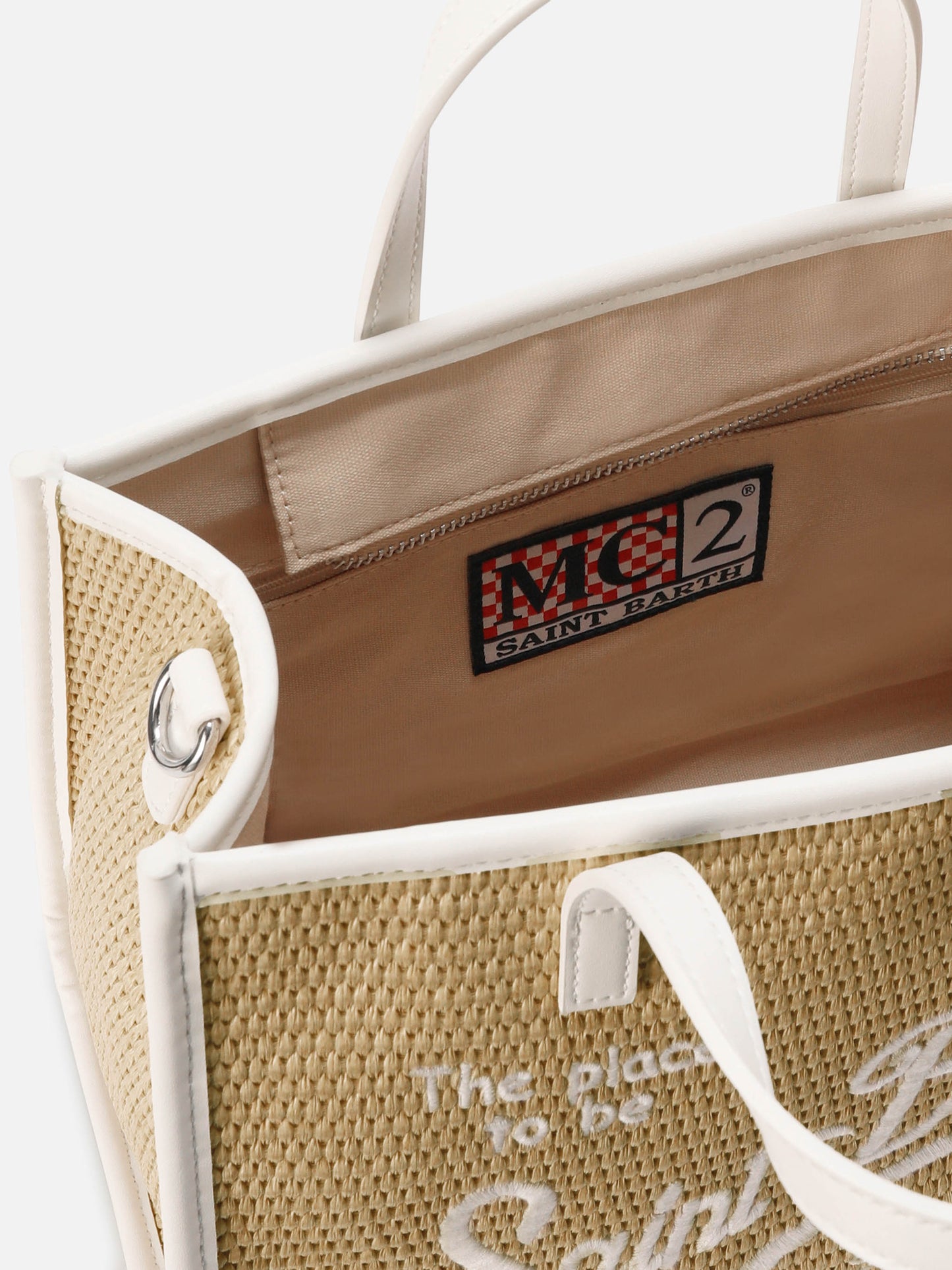 Borsa Vivian medium effetto paglia con logo bianco ricamato