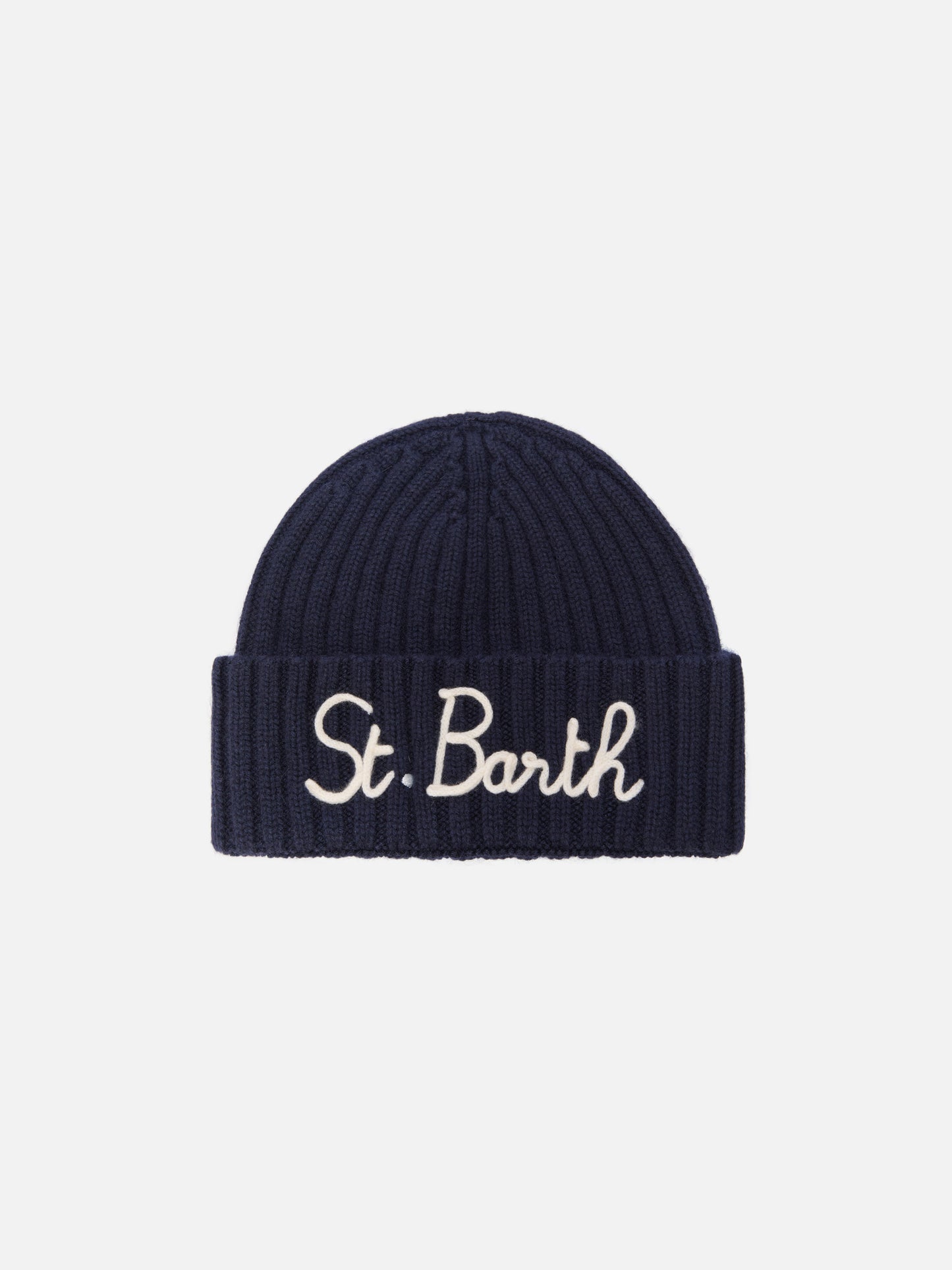 Berretto Wengen in misto cashmere blu con ricamo St. Barth