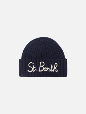 Berretto Wengen in misto cashmere blu con ricamo St. Barth