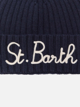 Berretto Wengen in misto cashmere blu con ricamo St. Barth
