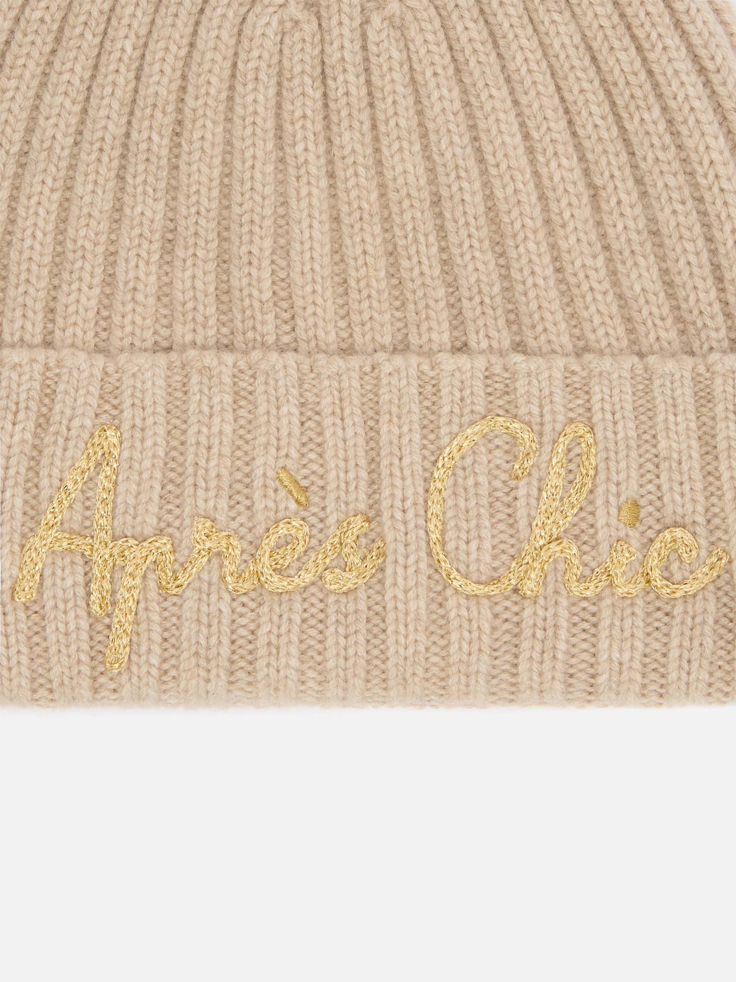 Wengen beanie in cashmere blend in beige with lurex Après Chic embroidery and pom-pom