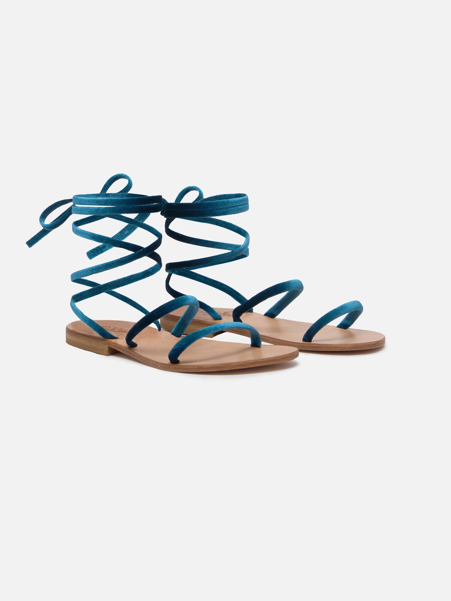 Wrap Flat Sandals in velluto turchese
