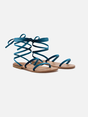 Wrap Flat Sandals in velluto turchese