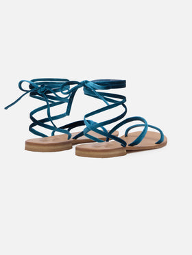 Wrap Flat Sandals in velluto turchese