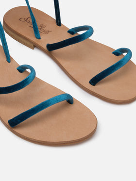 Wrap Flat Sandals in velluto turchese