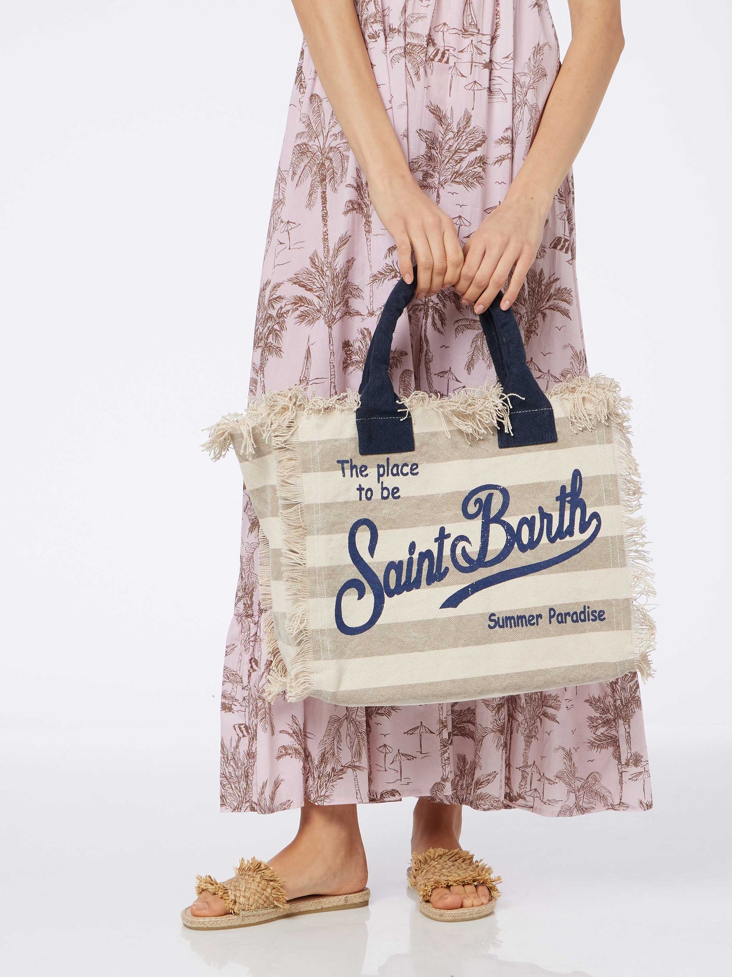 Cotton canvas Vanity tote bag with beige striped print