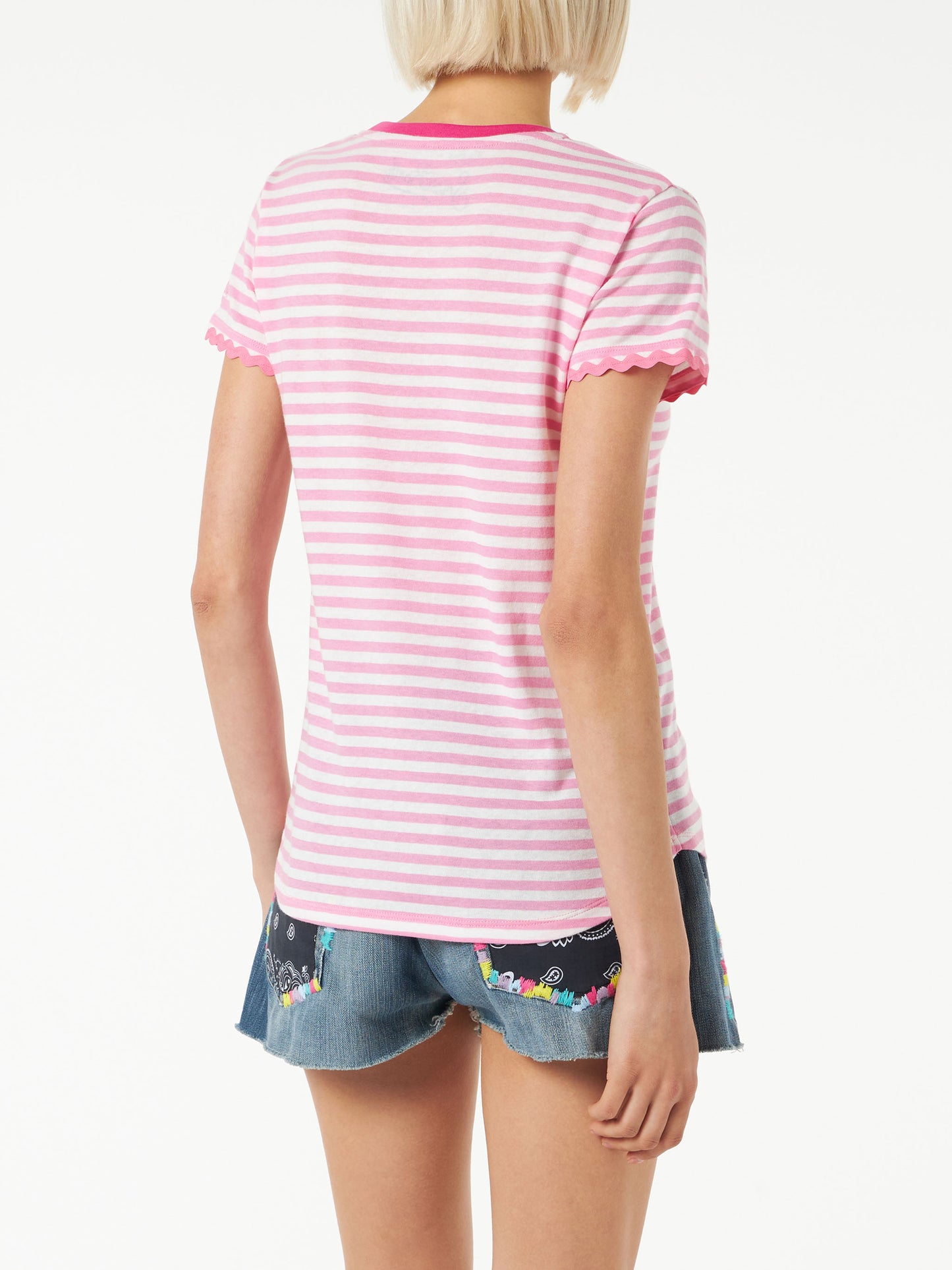 Fucsia striped cotton t-shirt with St. Barth embroidery - MC2 Saint Barth
