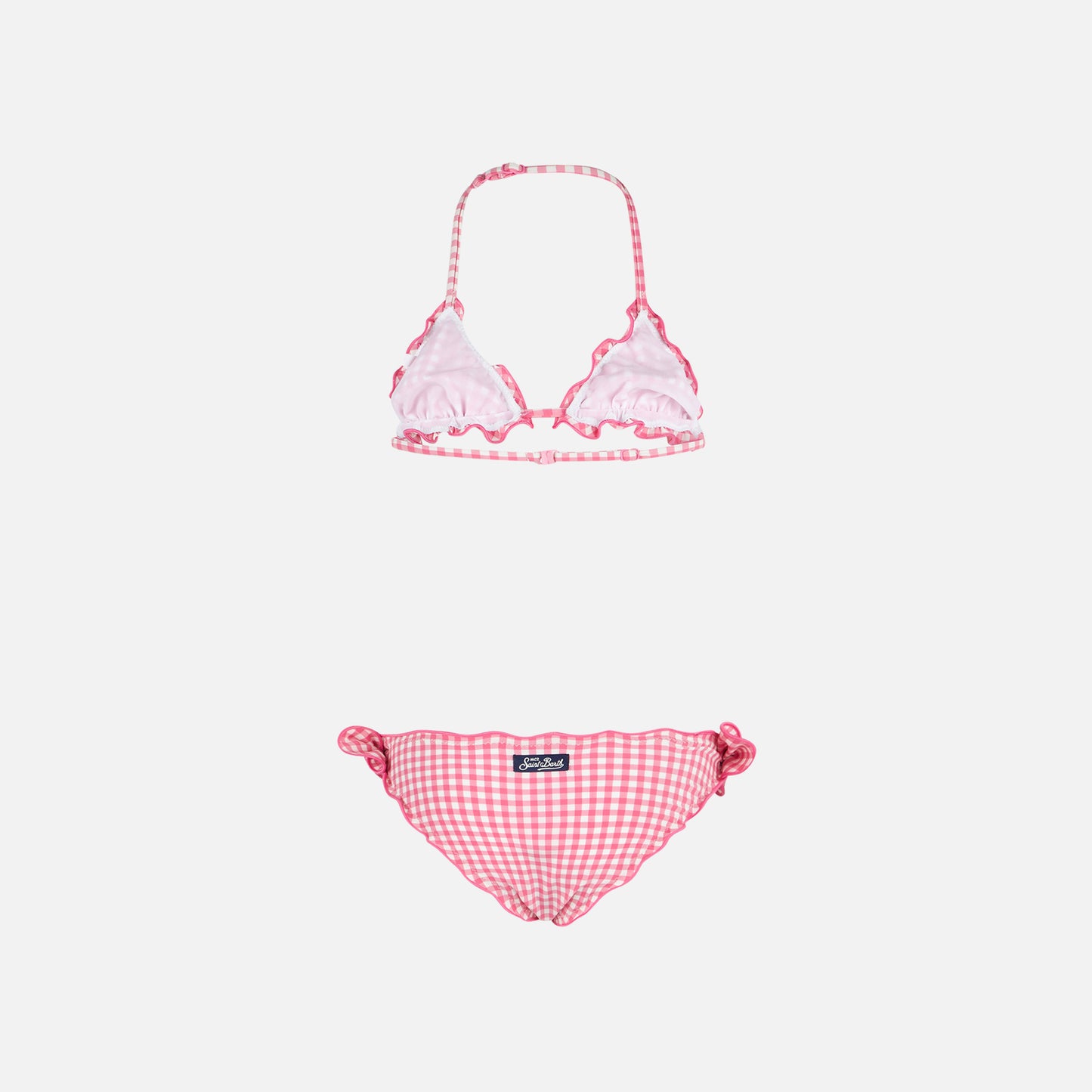 Bikini da bambina a triangolo con stampa vichy rosa