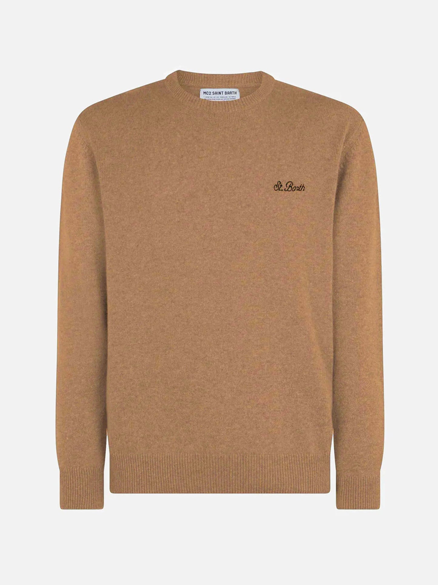 Herrenpullover aus Lammwolle in Kamelhaar mit Rundhalsausschnitt und St. Barth-Stickerei