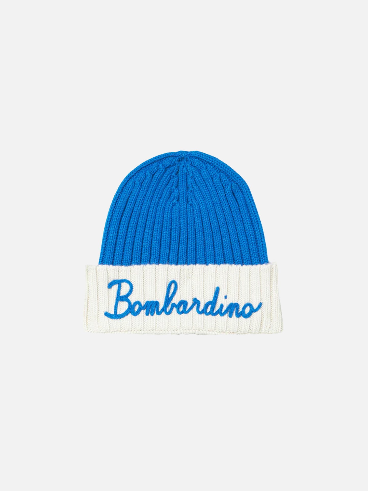 Man knit beanie with Bombardino embroidery