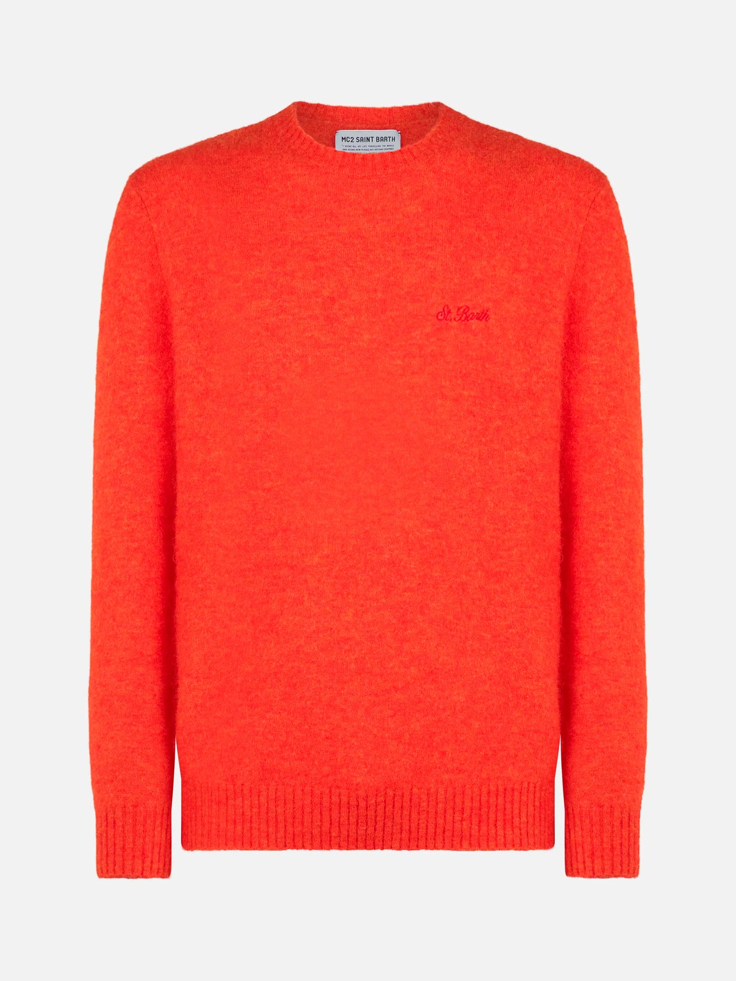 Man orange stretch wool sweater with St. Barth embroidery
