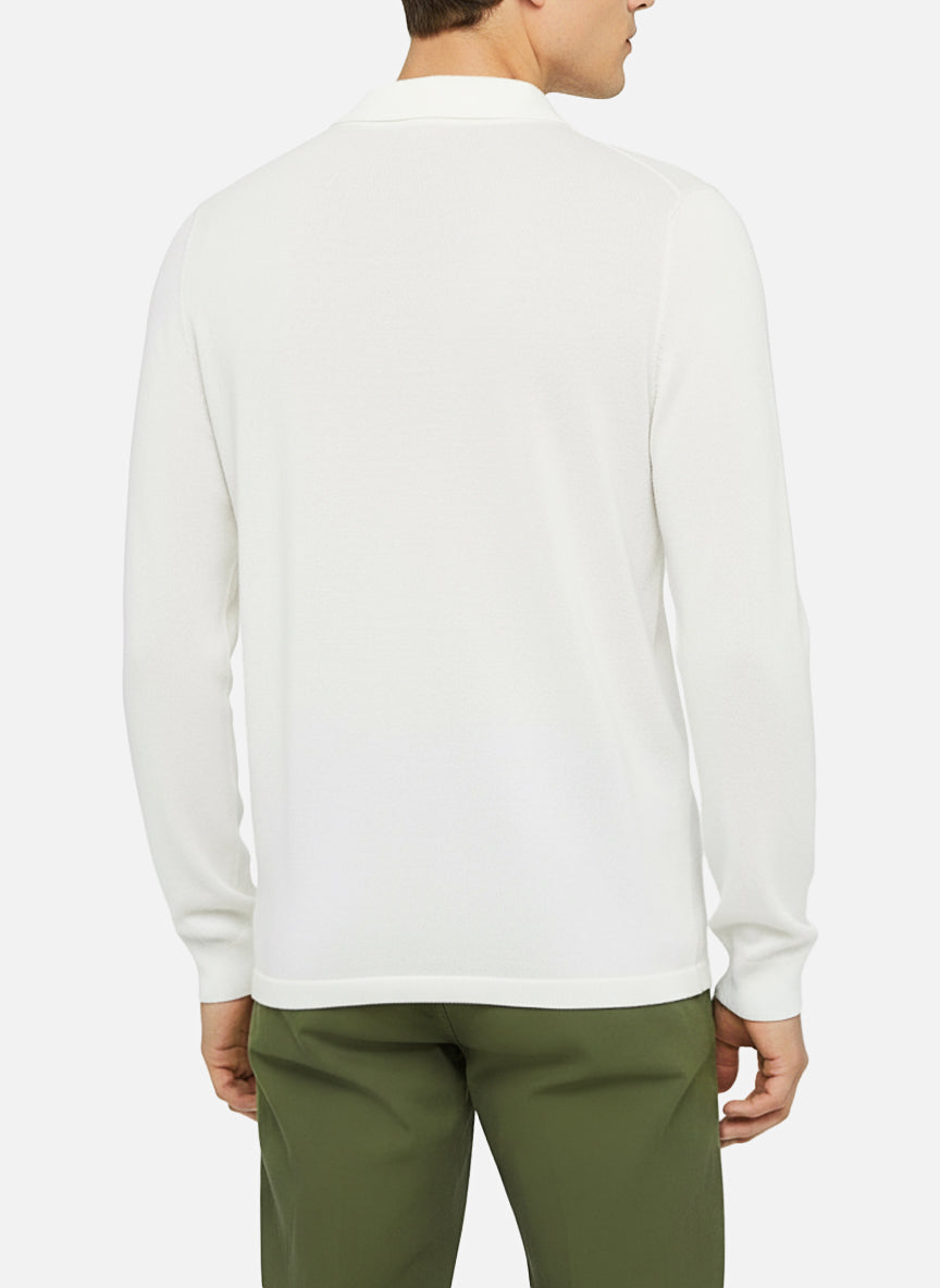 Sloan white buttonless knitted polo shirt with long sleeves
