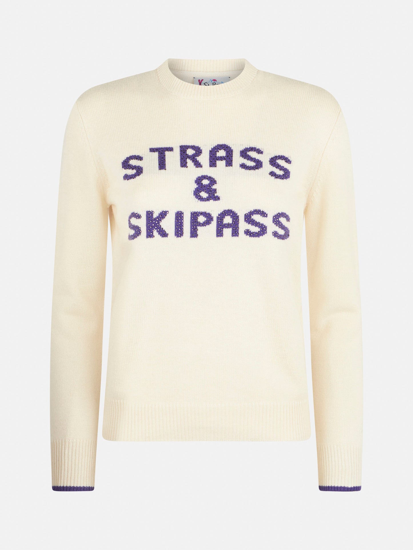 Woman crewneck white sweater with Strass & Skipass rhinestone print