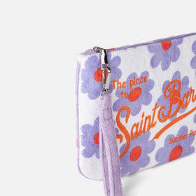 Pouch in spugna Parisienne con stampa margherite viola e arancio