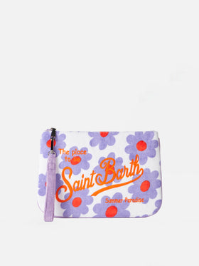 Pouch in spugna Parisienne con stampa margherite viola e arancio