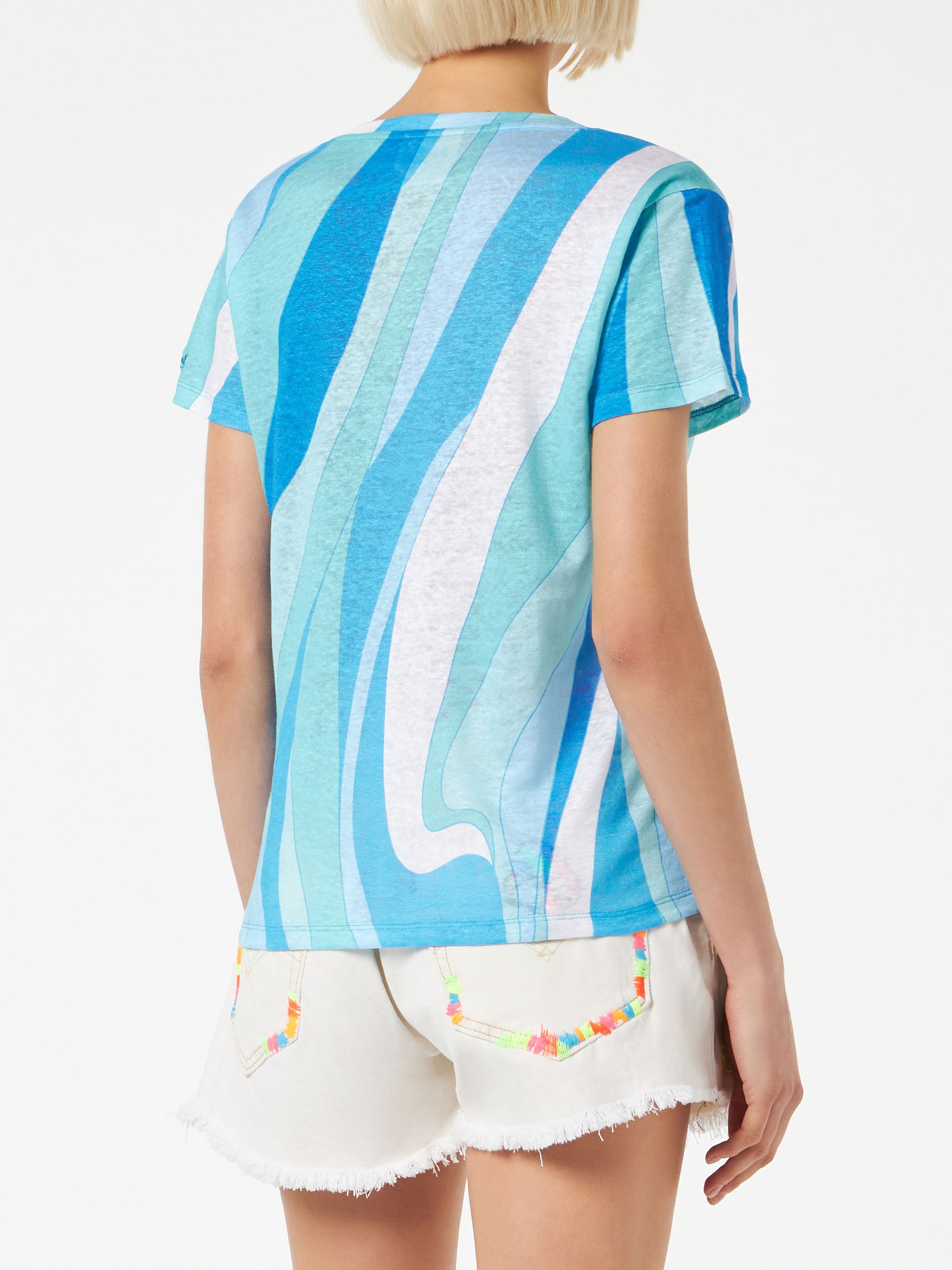 Woman linen t-shirt with wave print - MC2 Saint Barth