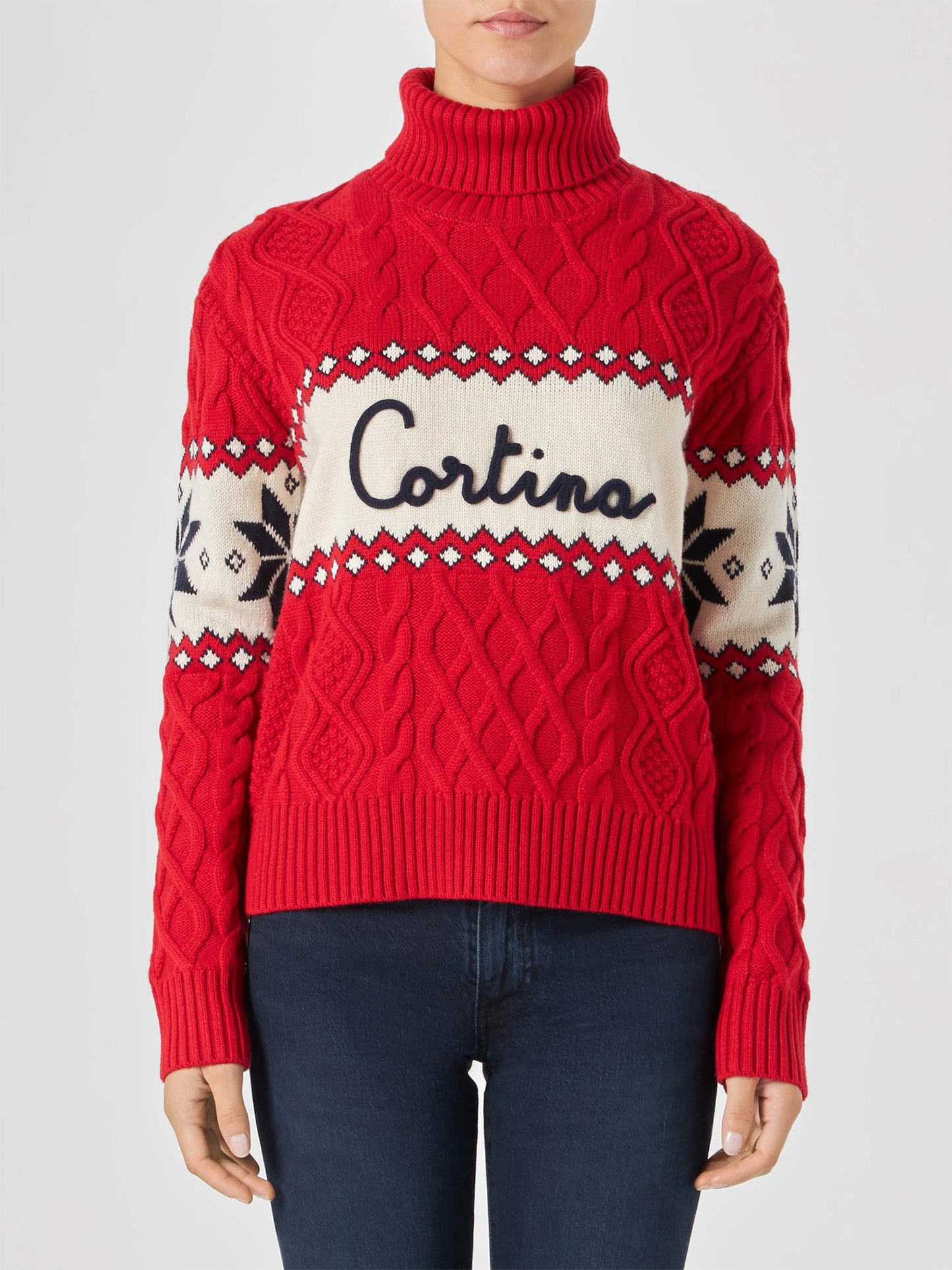 Maglione da donna mezzo dolcevita con scritta Cortina